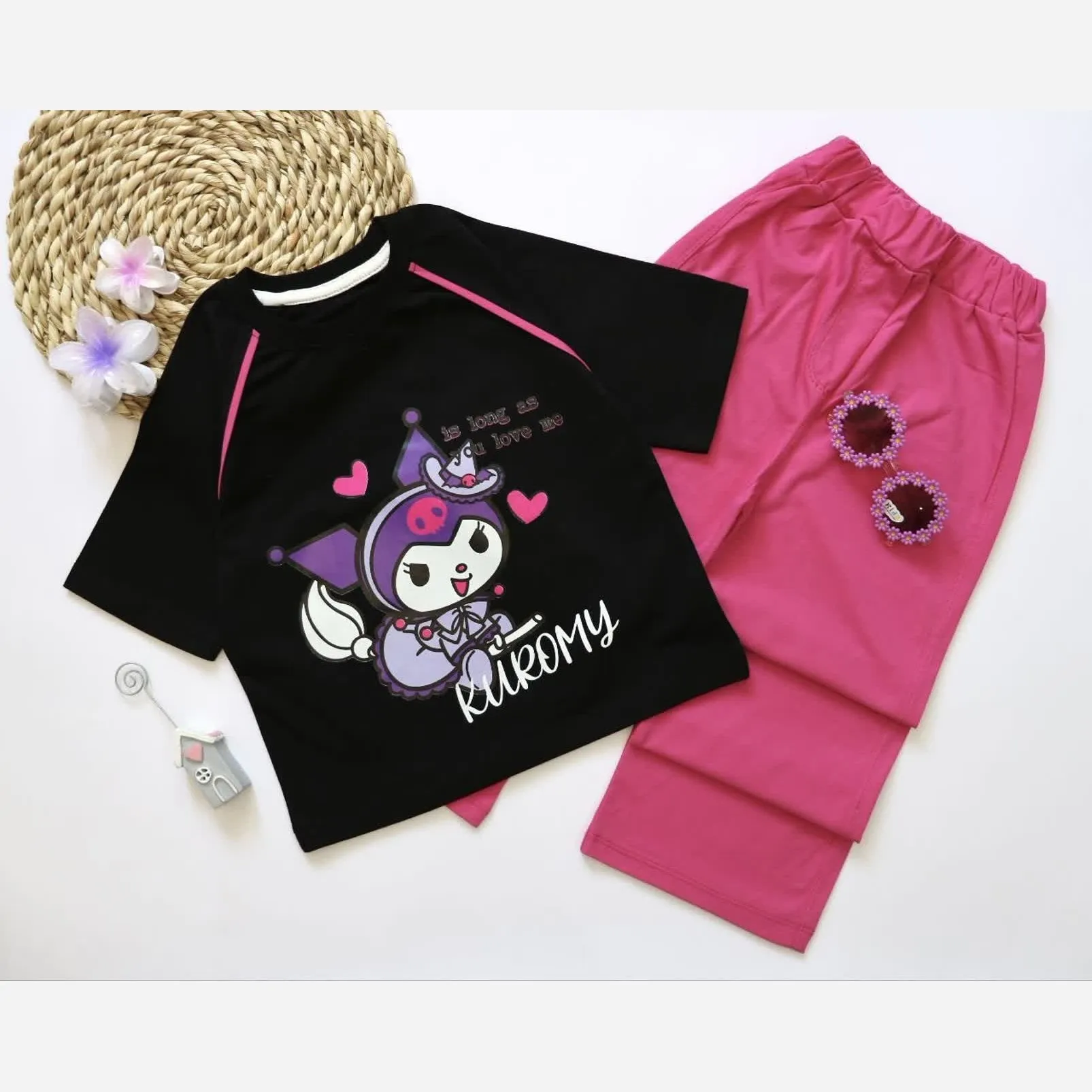ست تیشرت و شلوار دخترانه طرح کرومی جنس پنبه یکرو لاکرا مناسب 3 تا 8 سال