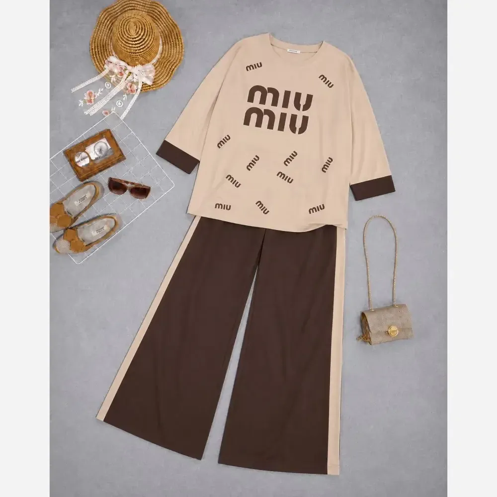 ست شومیز و شلوار گلکسی miu miu کرم قهوه ای فری سایز تا 48