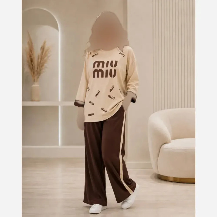 ست شومیز و شلوار گلکسی miu miu کرم قهوه ای فری سایز تا 48