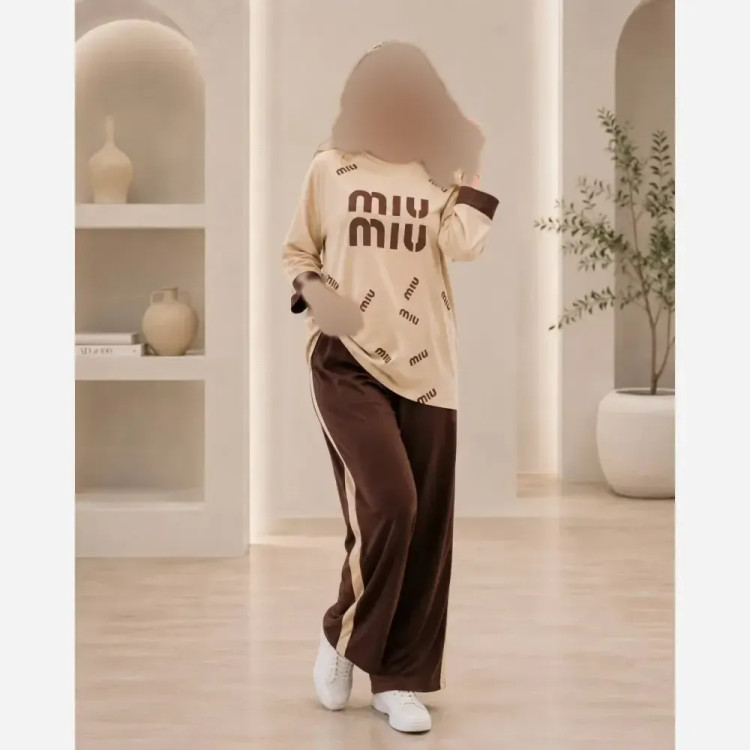 ست شومیز و شلوار گلکسی miu miu کرم قهوه ای فری سایز تا 48