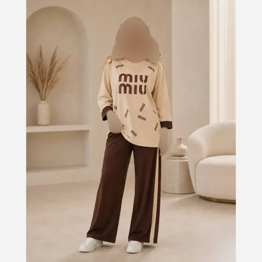 ست شومیز و شلوار گلکسی miu miu کرم قهوه ای فری سایز تا 48