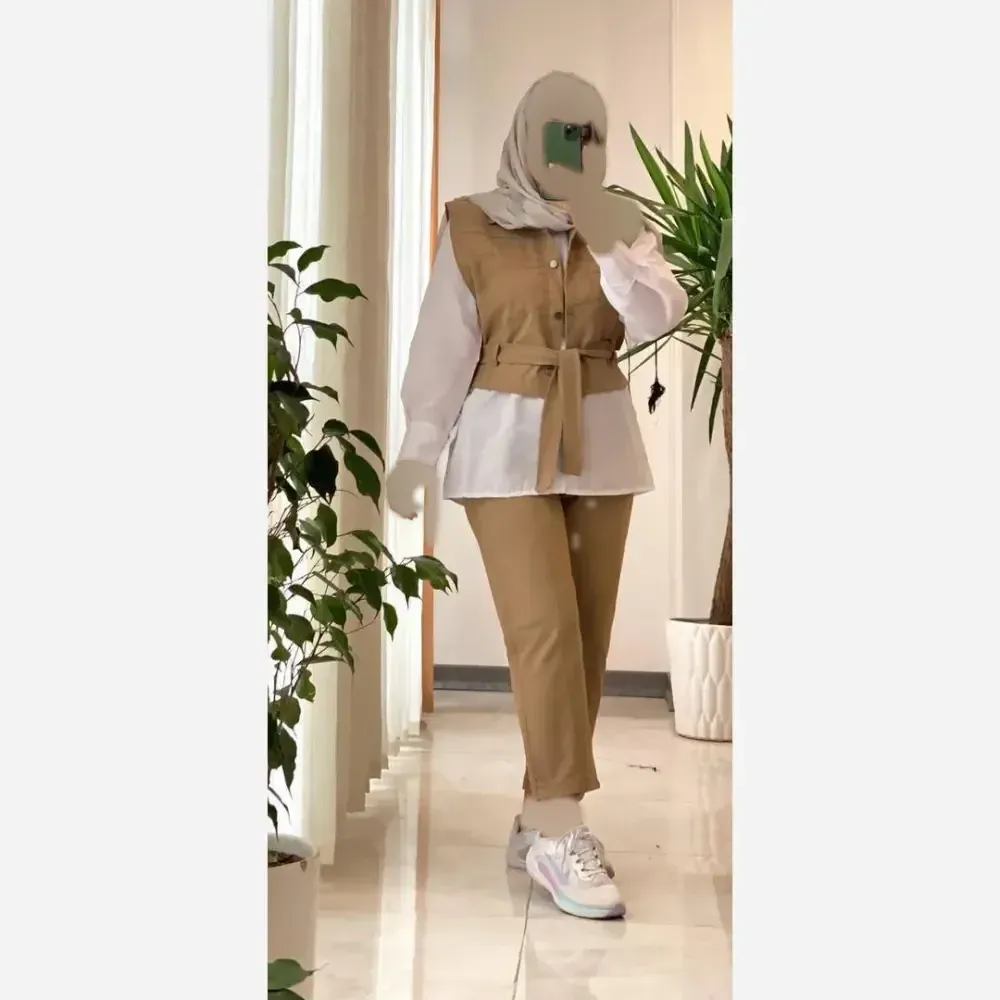 ست سه تیکه بارلین وست شلوار کتان کش بنگال شومیز داکرون فری سایز
