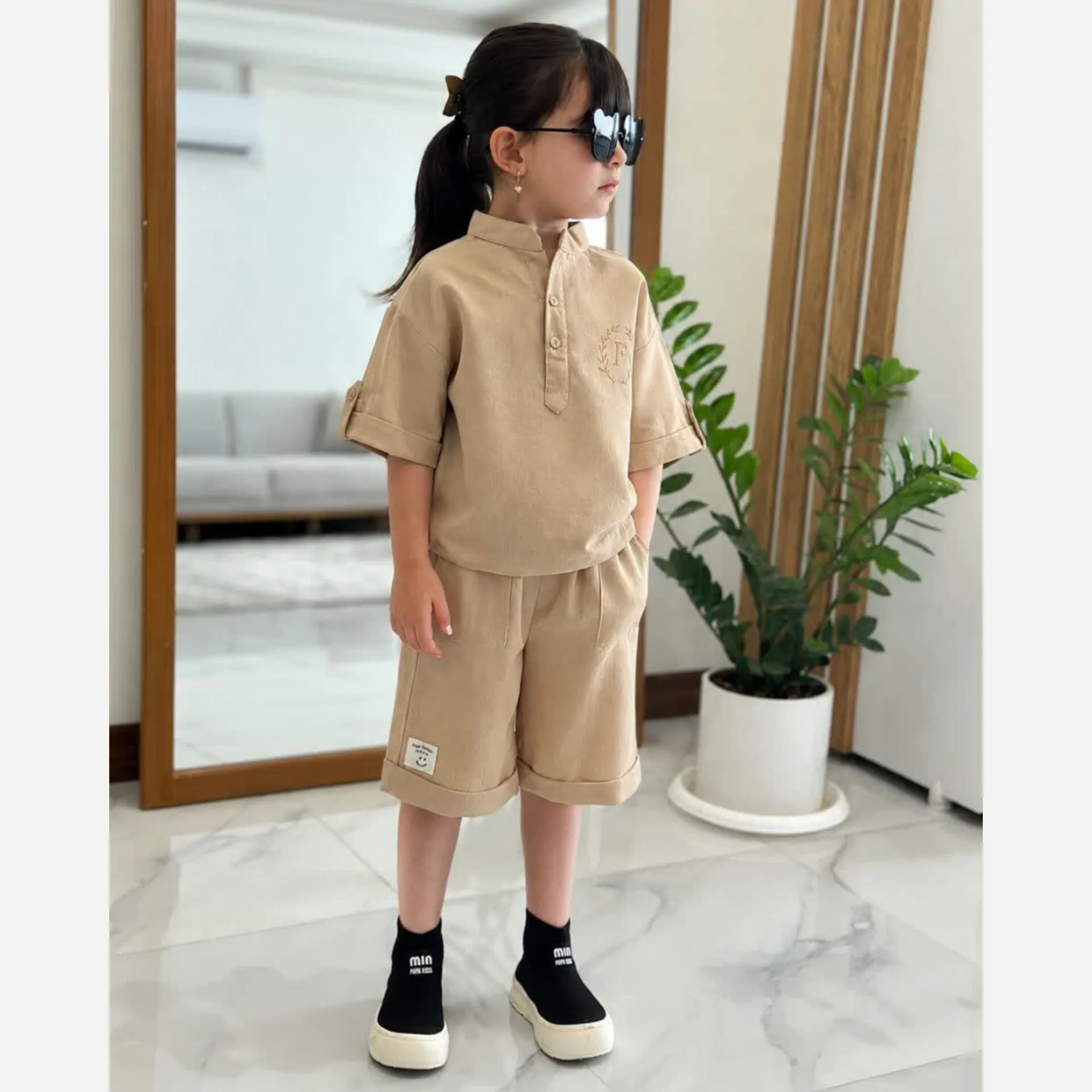 ست بلوز و شلوارک بچگانه لینن اسپرت دخترانه و پسرانه 2 تا 8 سال