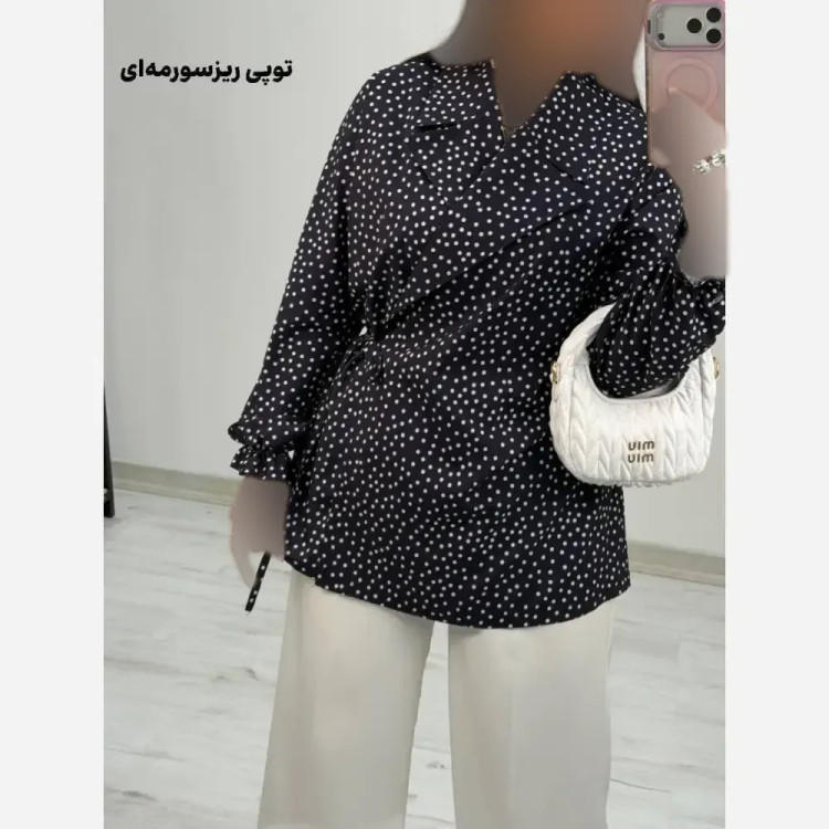 شومیز یقه انگلیسی شادی کرپ بوگاتی فری سایز 38 تا 46 بند تنظیم