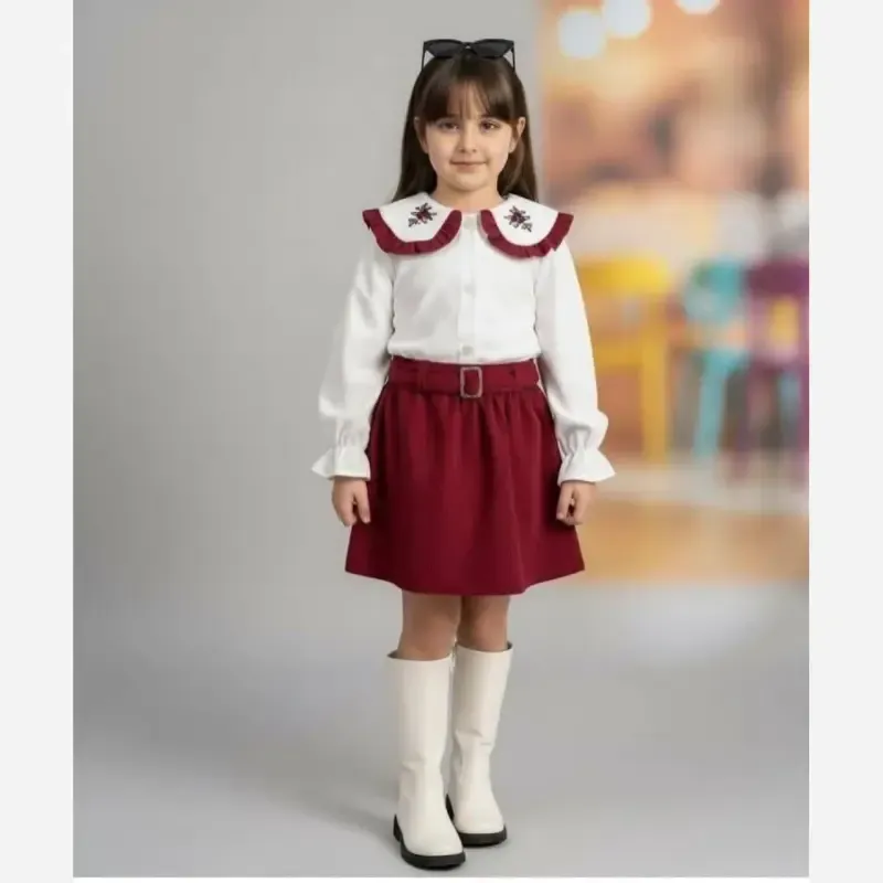 ست شومیز و دامن مخمل کبریتی آیدا دخترانه مناسب 4 تا 10 سال