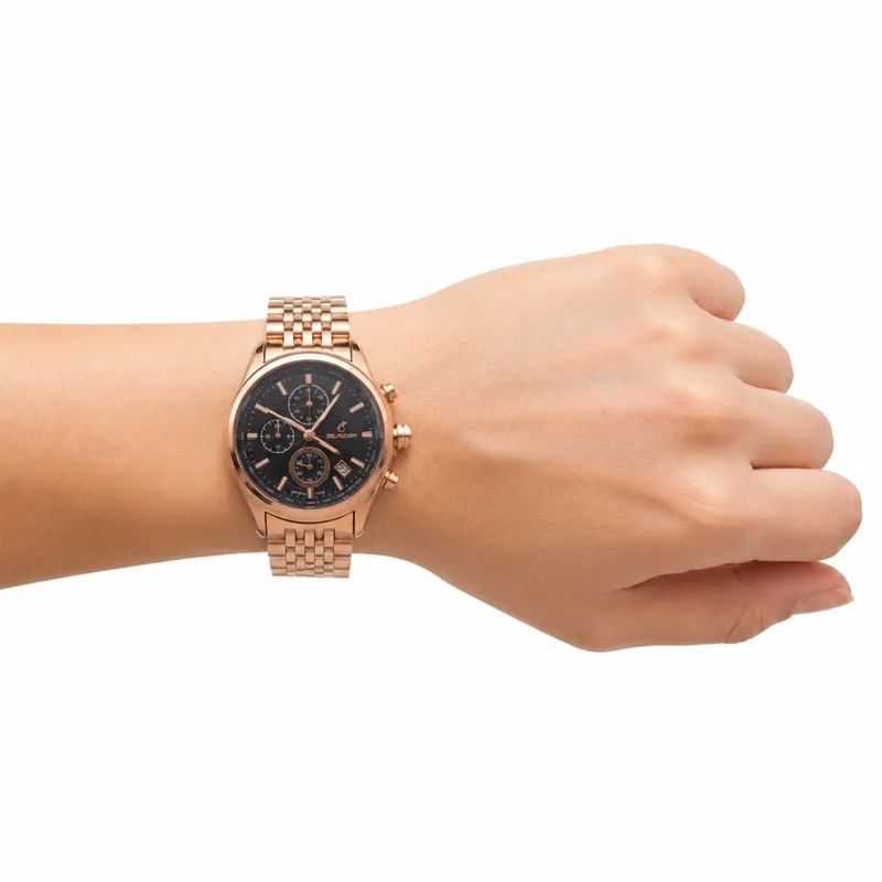 ساعت مچی زنانه بلیزر رزگلد صفحه مشکی کرنوگراف تقویم دار موتور ژاپن
