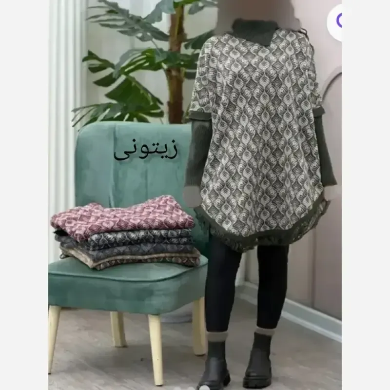پانچ بافت طرح برگی پالتو آستین کشبافت فری سایز