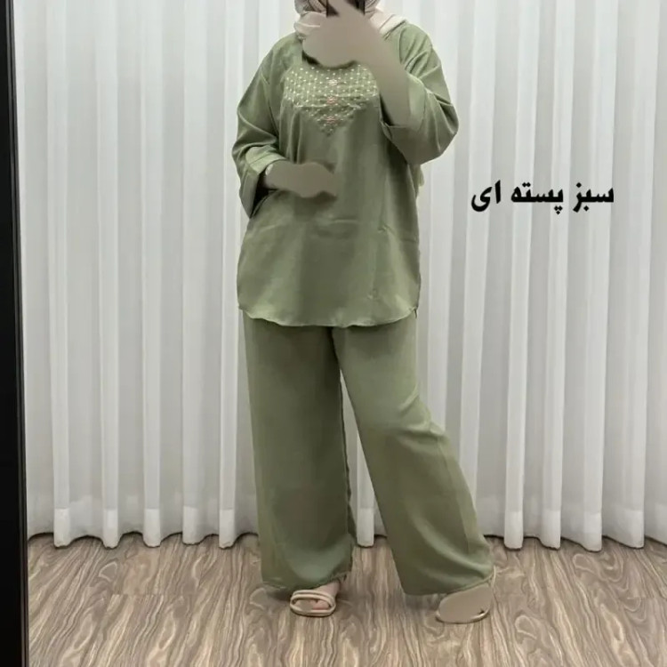 ست بلوز شلوار گلدوزی آلنا فری سایز تا 50 جنس صوفیا چهارفصل شیک راحت بدون آبرفت و رنگ رفت