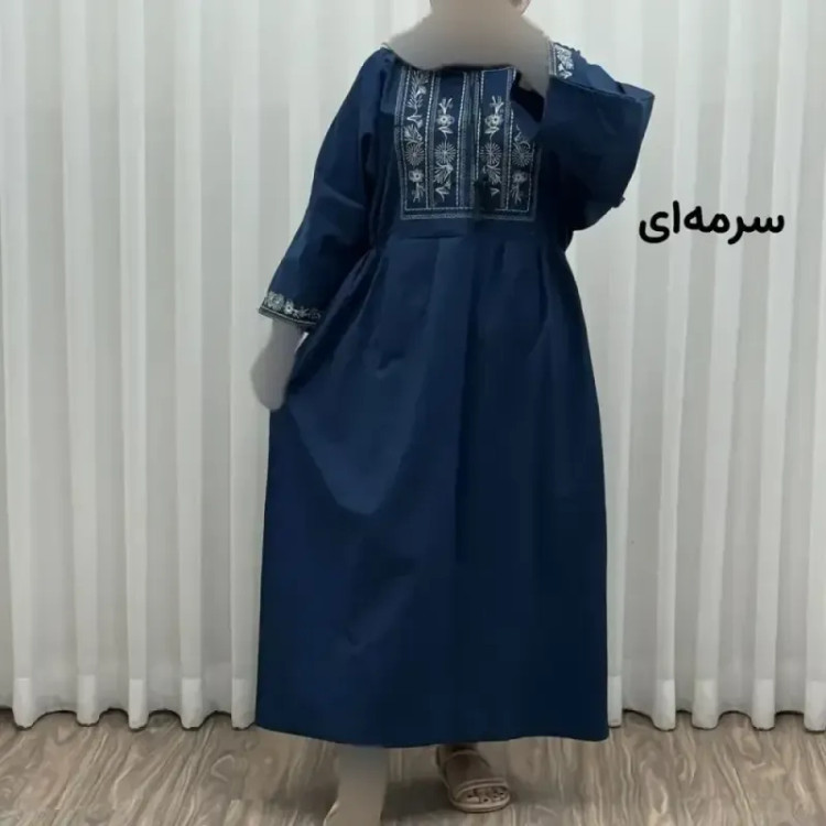 پیراهن لینن گلدوزی مایا کد 1745 فری سایز زنانه چهارفصل تنخور شیک و راحت بدون سایه اندازی و بدن نما