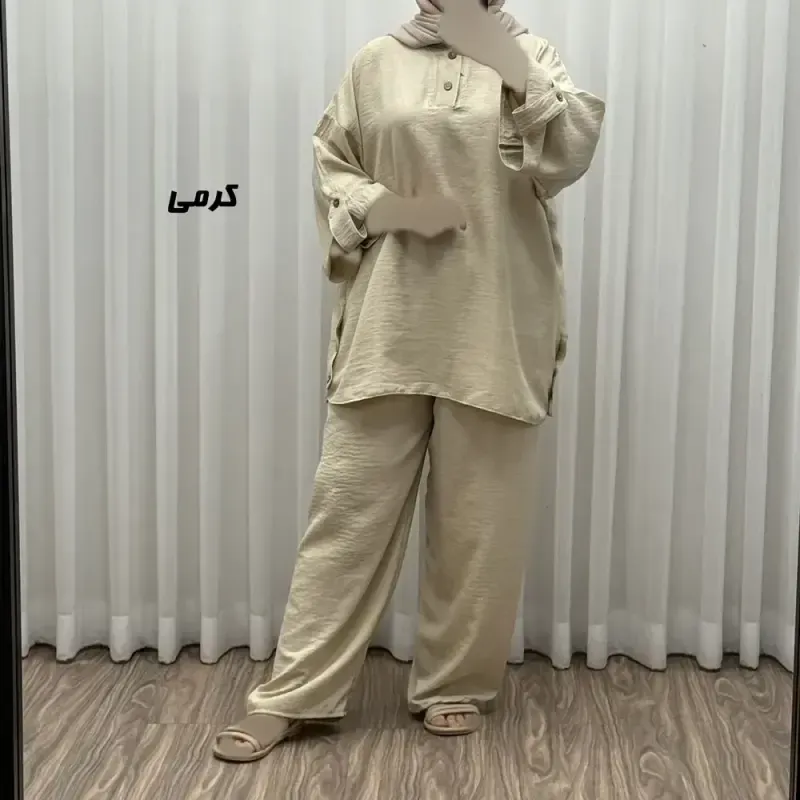 ست بلوز و شلوار زنانه مدل پانچی جنس شانتون فری سایز مناسب تا 52